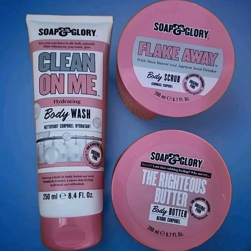 Soap & Glory Pink Body Wash, Scrub, and Butter Full size Set